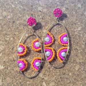 Beaded Oval Earrings- Pink and Orange