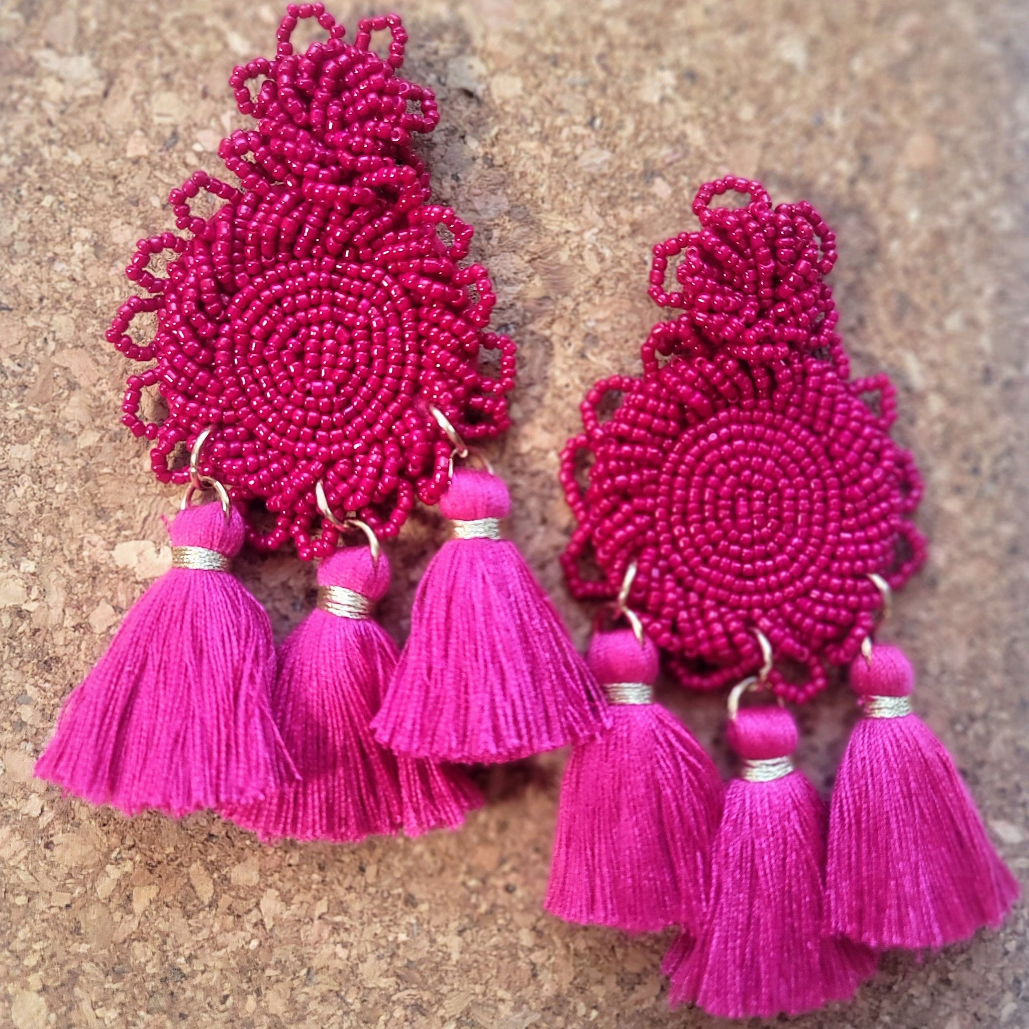 Beaded Tassel Statement Earrings- Pink