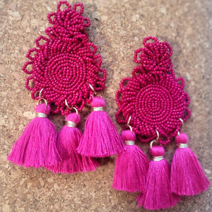 Beaded Tassel Statement Earrings- Pink