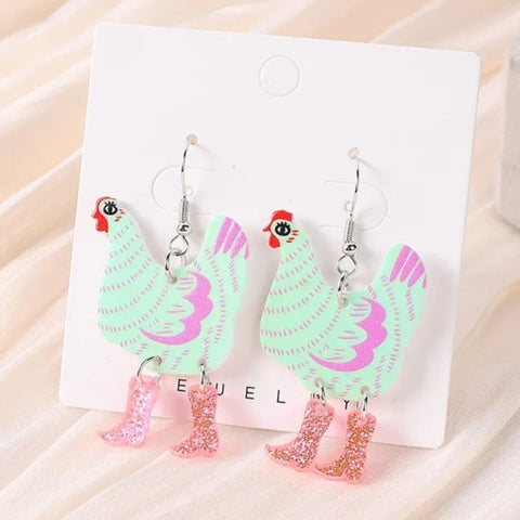 Cowboy Boot Chicken Earrings- Green