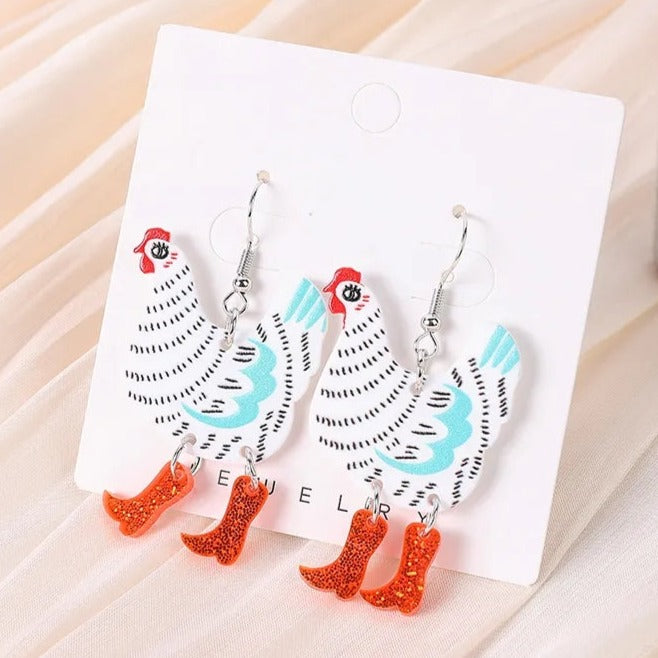 Cowboy Boot Chicken Earrings- White