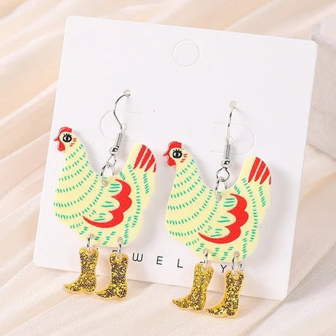 Cowboy Boot Chicken Earrings- Yellow