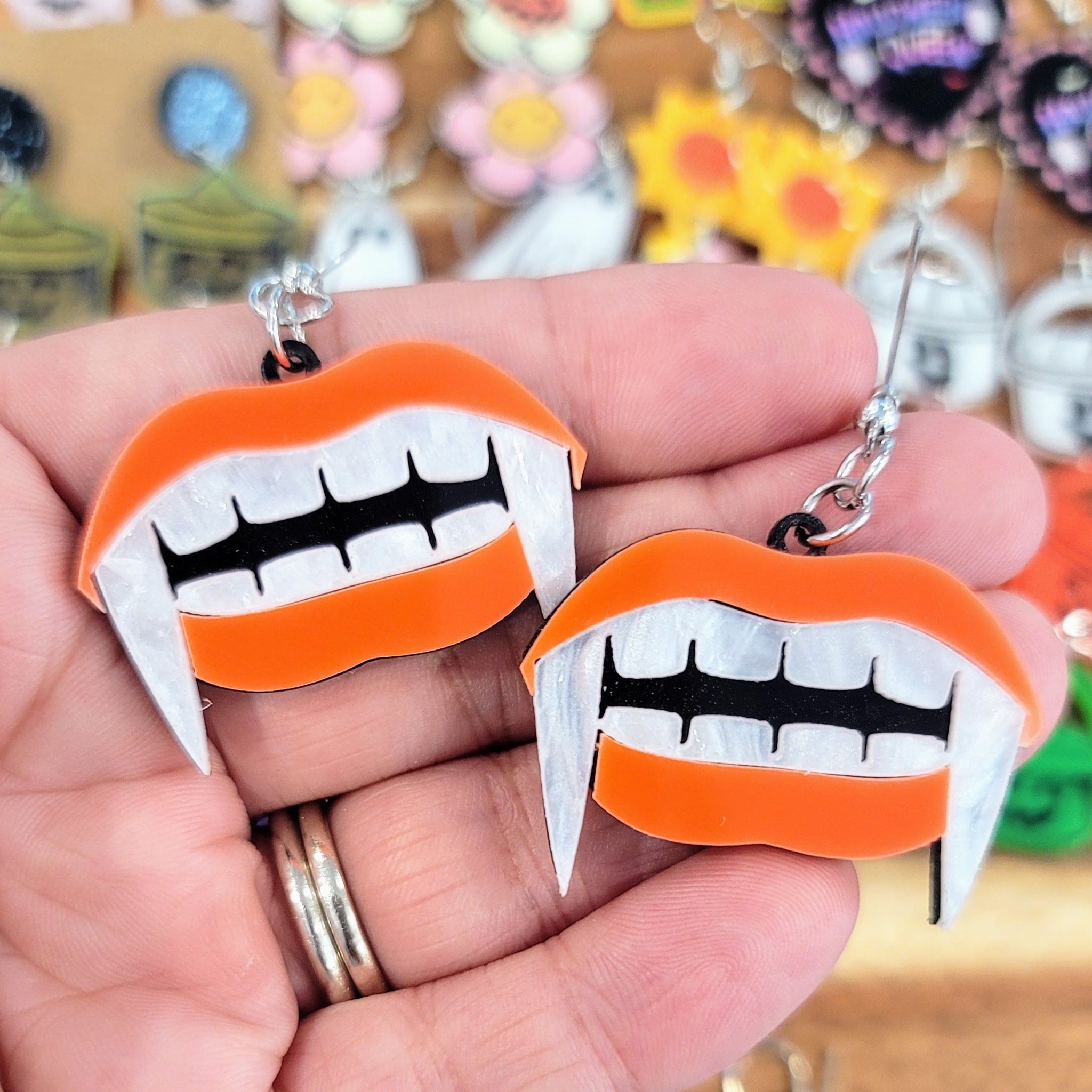 Vampire Teeth Earrings- Orange