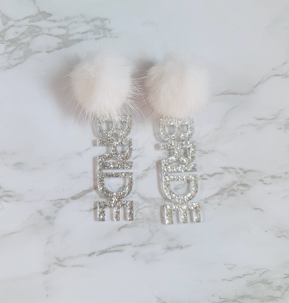 Bride Pom Earrings- White