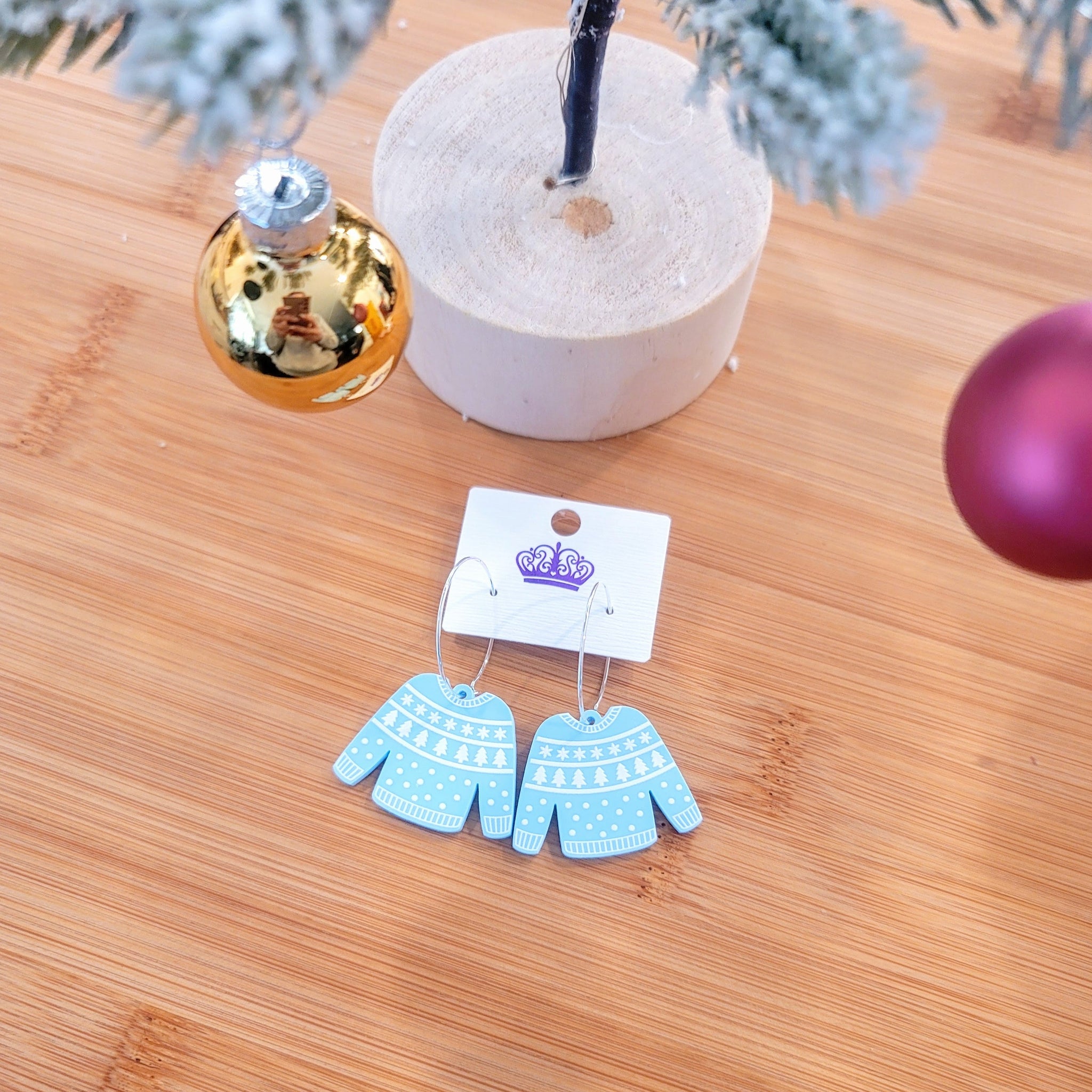 Christmas Sweater Hoop Earrings- Blue