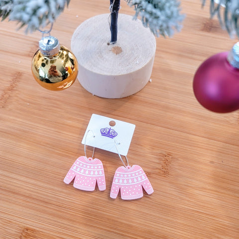 Christmas Sweater Hoop Earrings- Pink