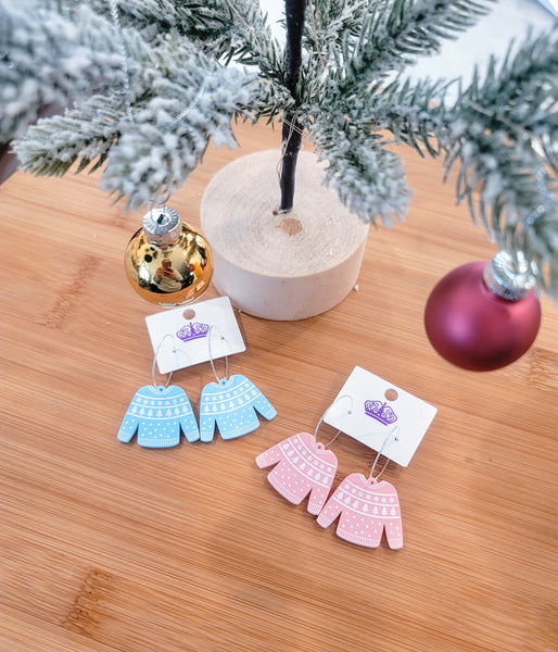 Christmas Sweater Hoop Earrings- Pink