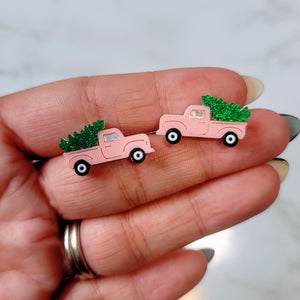 Christmas Tree Truck Stud Earrings- Pink