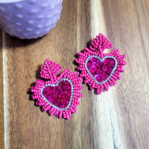 Crown of the Heart Beaded Earrings- Pink