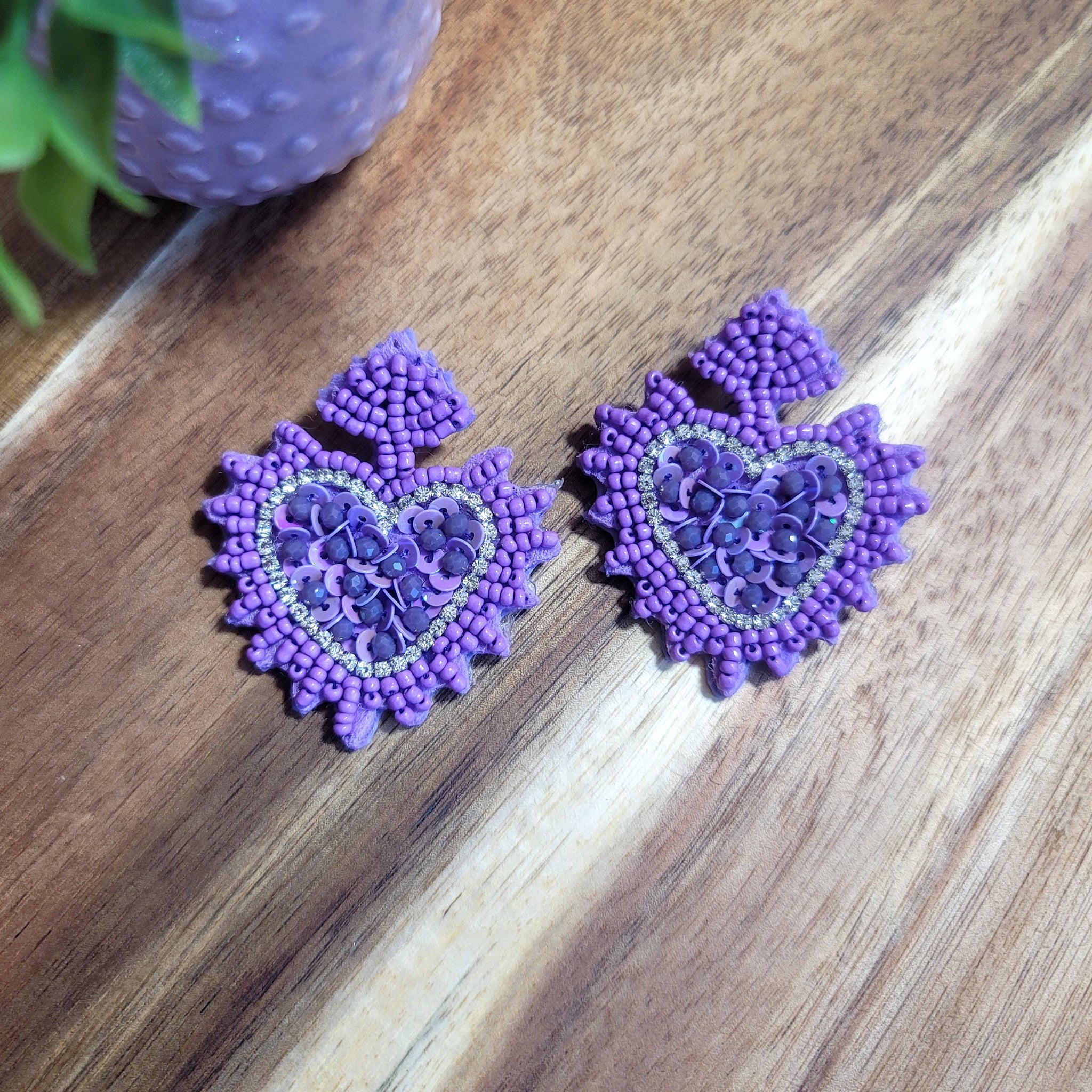 Crown of the Heart Beaded Earrings- Purple