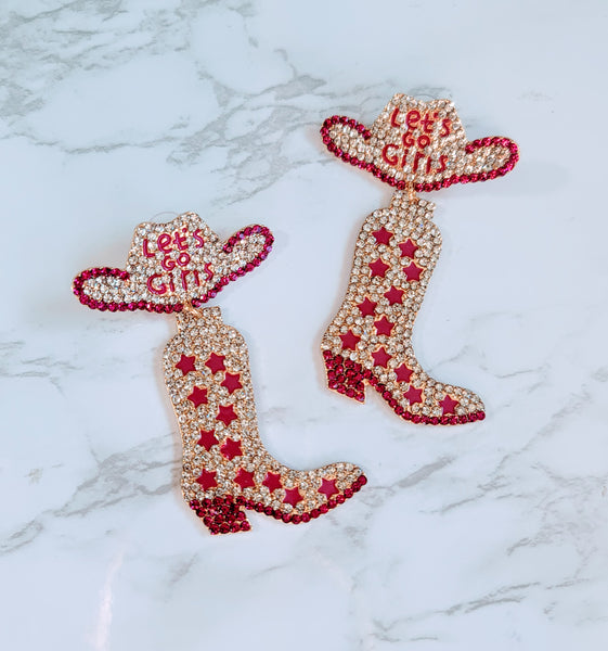 Let's Go Girls Rhinestone Boot Earrings- Pink