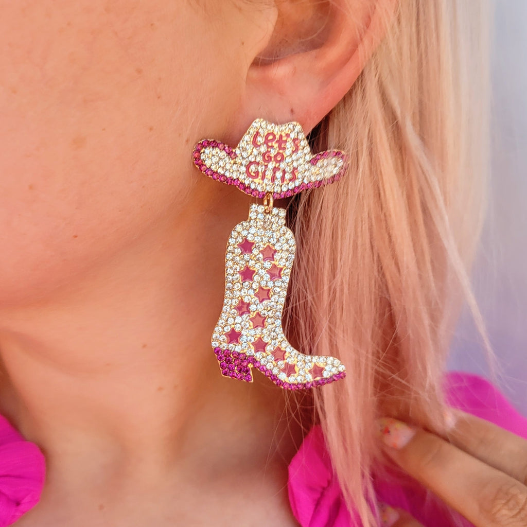 Let's Go Girls Rhinestone Boot Earrings- Pink – A Woman Shops