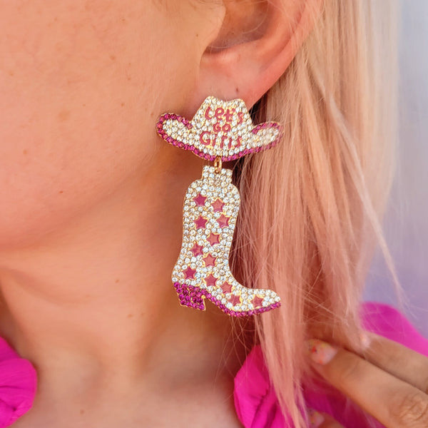 Let's Go Girls Rhinestone Boot Earrings- Pink