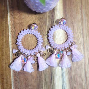 Light Pink Beaded Circle Tassel Earrings