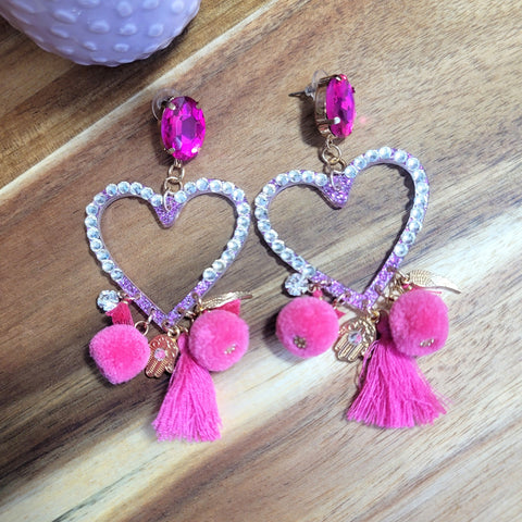 Rhinestone Heart Earrings- Hot Pink