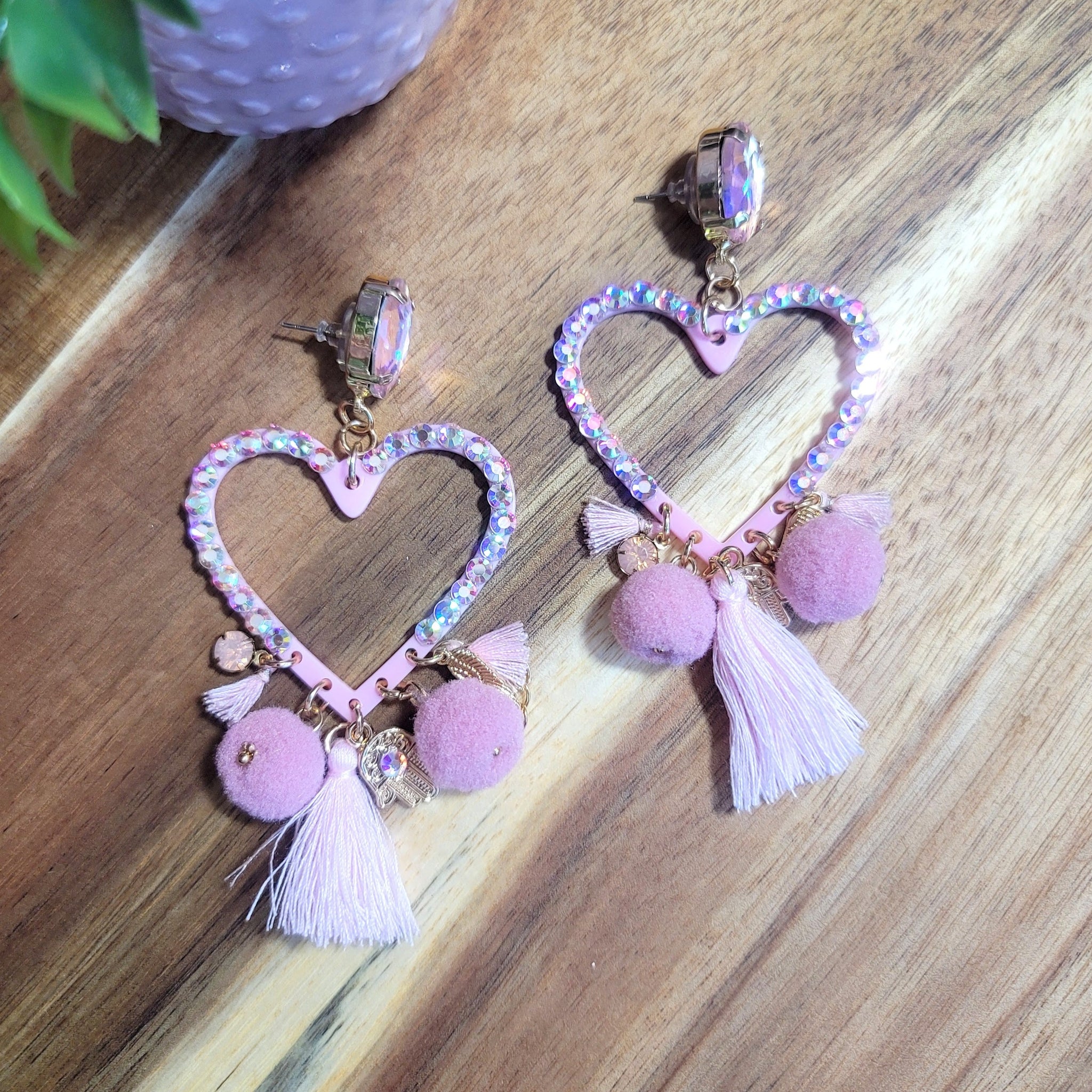 Rhinestone Heart Earrings- Light Pink