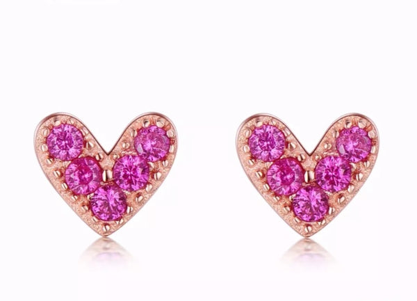 Sterling Silver Rose Gold Rhinestone Heart Studs